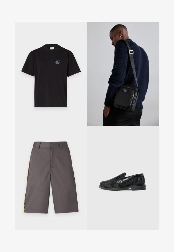 Černé bavlněné tričko s kulatým výstřihem a krátkými rukávy. Na levé části hrudi se nachází malé modré logo. Jednoduchý, rovně střižený design.; Šedé šortky vyrobené z hladké tkaniny, s bočnými leopardími panely, plochým předním dílem a standardním pasem.; Černé pletené nazouvací boty s hladkým koženým akcentem na svršku, kulatou špičkou a nízkoprofilovou gumovou podrážkou.; Černá kožená crossbody kabelka s zipovou kapsou, detailem loga a nastavitelným popruhem se značkou. Nositá na texturovaném námořnickém svetr.