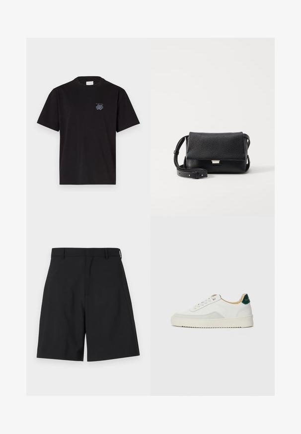 Černé bavlněné tričko s kulatým výstřihem a krátkými rukávy. Na levé části hrudi se nachází malé modré logo. Jednoduchý, rovně střižený design.; Černé šortky vyrobené z jemné látky s elegantním střihem, s plochým předním dílem a dvěma bočními kapsami, a s klasickým pasem.; Bílé tenisky se semišovými prvky, kulatou špičkou, plochými tkaničkami a krémovou gumovou podrážkou. Na patě mají zelené logo.; Černá koženková crossbody taška s texturou, s klopovým uzávěrem, stříbrnými prvky a nastavitelným popruhem. Minimalistický design s čistými liniemi.