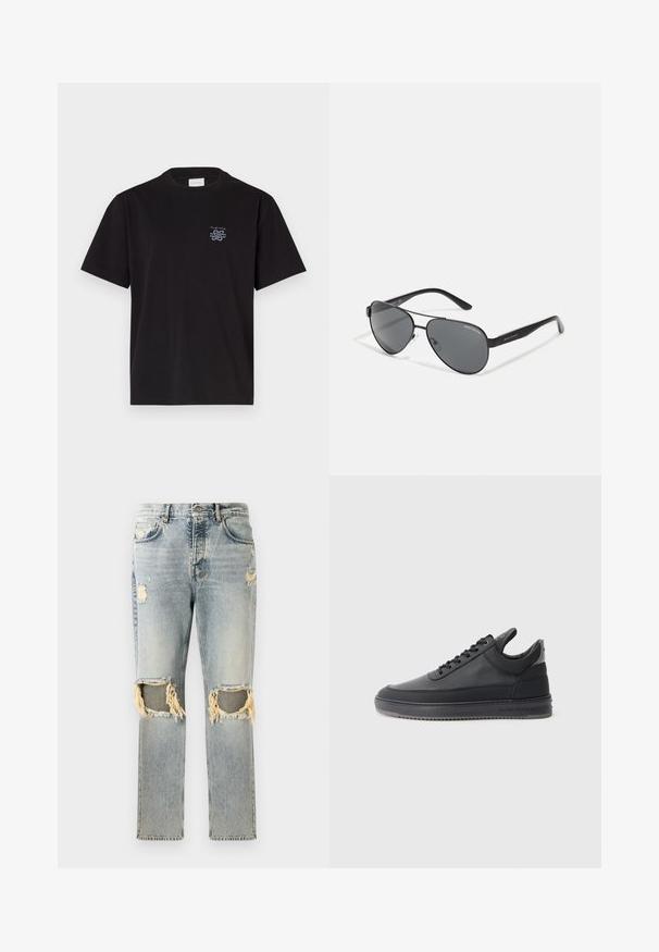 Μαύρο βαμβακερό μπλουζάκι με στρογγυλή λαιμόκοψη και κοντά μανίκια. Διαθέτει ένα μικρό μπλε λογότυπο στην αριστερή πλευρά του στήθους. Απλός, ευθύς σχεδιασμός.; Ανοιχτό μπλε τζην παντελόνι με χαλαρή εφαρμογή, με ελαφρώς φθαρμένες περιοχές και σκισίματα στα γόνατα. Κλασικός σχεδιασμός πέντε τσεπών.; Μαύρα δερμάτινα αθλητικά παπούτσια με υφή, σχέδιο με κορδόνια, χαμηλό σχέδιο και γκρι καουτσούκ σόλα με ραβδωτή άκρη.; Μαύρα αεροπορικά γυαλιά ηλίου με σκούρους φακούς, λεπτό μεταλλικό σκελετό και λεπτούς πλαστικούς βραχίονες με λογότυπα.