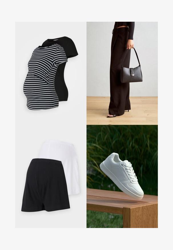 Två graviditetströjor: en svart, en svart och vit randig. Båda har korta ärmar och en bågformad nederkant, utformade för komfort under graviditeten.; Svart och vit randig shorts med elastisk midja; svart på vänster sida, vit på höger. Slät yta och längd ovanför knäet.; Vita sneakers med en slät syntetisk ovandel, perforerat tåparti, platta snören och en strukturerad sula, placerade på en träyta.; Svart handväska med strukturerad form, slät yta och metallspänne. Matchad med vida svarta byxor och sandaler med öppen tå på trägolv.