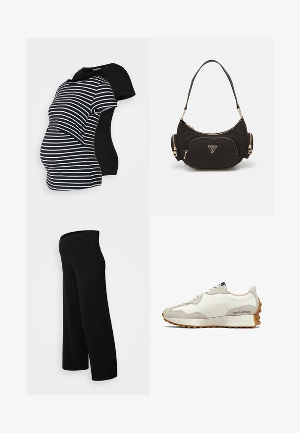 Two maternity t-shirts: one black, one black and white striped. Both have short sleeves and a curved hem, designed for comfort during pregnancy.; Black maternity wide-leg pants with a high waistband, crafted from soft, stretchy fabric. Features a relaxed fit and smooth texture.; White and beige sneaker with a smooth leather upper, suede accents, rounded toe, and a textured rubber outsole. Brand name printed on the side.; Black fabric shoulder bag with gold-tone hardware, featuring a main zip compartment and two smaller zip pockets on the sides.