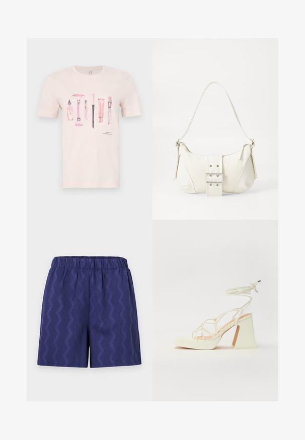 Rožinė trumpomis rankovėmis marškinėliai, su grafika, vaizduojančia grožio produktus įvairių rožinių atspalvių, o apačioje yra tekstas "Grožio reikmenys".; Tamsiai mėlynos šortai su struktūrizuota zigzagų raštu, su elastingu juosmeniu patogumui ir laisvai priglundančiu siluetu. Pagaminti iš lengvos medžiagos.; Balti aukštakulniai sandalai su masyviu kulnu, su dirželių dizainu ir kulkšnies raiščiu. Lygi tekstūra su platforma priekyje, suteikianti papildomą aukštį.; Balta peties rankinė su tekstūruotu paviršiumi, centrinė apykaklė ir išlinkusi forma. Užtrauktukų uždarymai abiejose pusėse.