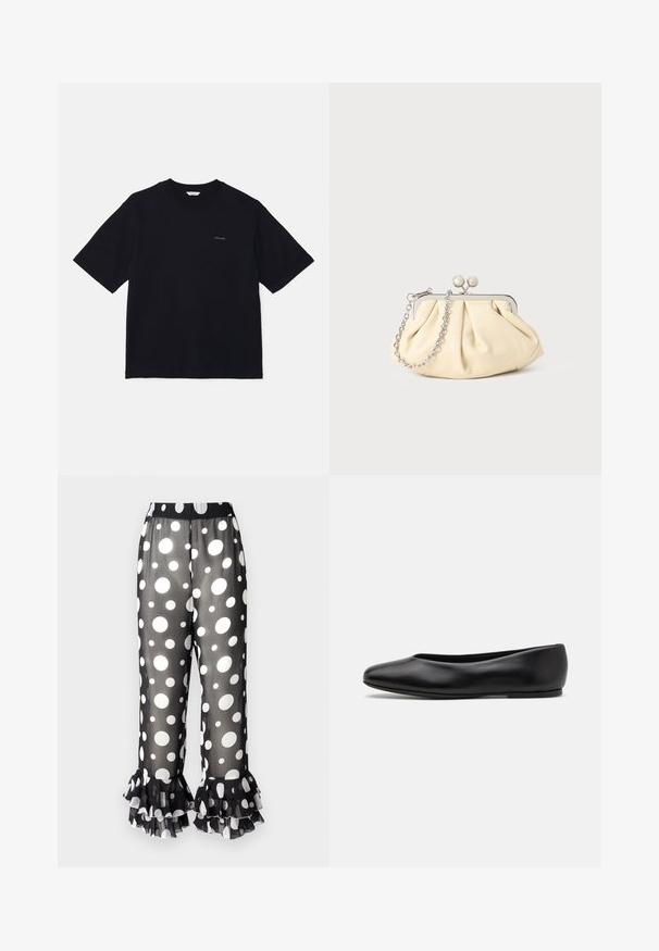 Černé tričko s krátkým rukávem vyrobené z bavlny, s kulatým výstřihem a malým logem na levé straně hrudi. Hladká textura a uvolněný střih.; Sleeper SAMBA PANTS - Kalhoty - black; Paul Smith TOPANGA - Klasické baleríny - black; Plisovaná béžová kožená kabelka na psaní s rámem ze stříbrného kovu, vybavená dvěma kulatými dekorativními uzávěry a stříbrným řetízkem.