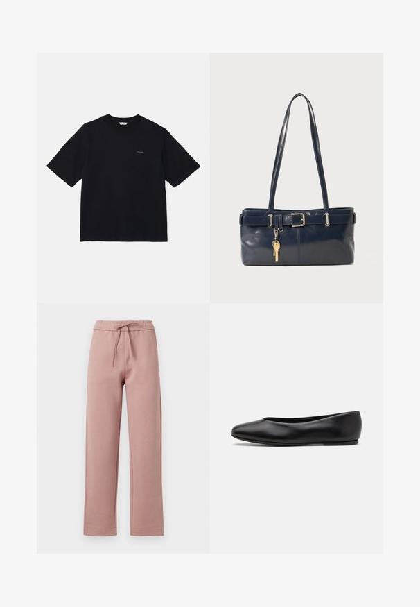 Zwarte t-shirt met korte mouwen van katoen, met een ronde halslijn en een klein logo op de linkerborst. Soepele textuur en relaxte pasvorm.; Zweetbroek in zacht roze stof, met een trekkoord in de taille, een wijde pijpdesign en rechte zoom met subtiele stikdetails.; Paul Smith TOPANGA - Ballerina's - black; Marine leren handtas met twee lange hengsels, een gespdetail en een sleutelhanger eraan bevestigd. Heeft een gladde textuur en een rechthoekige vorm.