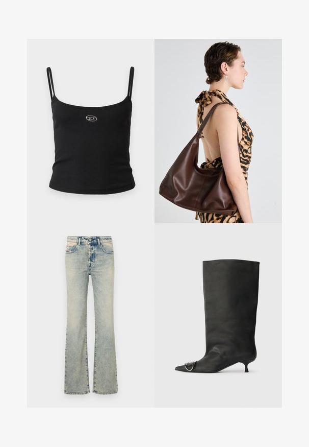 Fekete bordázott trikó felső vékony pántokkal és egy kis fémes logóval a közepén. Az anyag rugalmasnak és testhez simulónak tűnik.; Világoskék, trapéz szabású farmernadrág, öt zsebes kialakítással, varrási részletekkel és sima derékkal, amely gombbal záródik.; Fekete bőr bokacsizma hegyes orral, kis sarokkal és fémes díszítéssel az orrán. Az egész felületen sima, matt textúra.; Barna bőrből készült hobo táska sima felülettel, ívelt formával és egyetlen vállpánttal, semleges háttér előtt bemutatva.