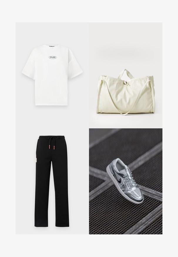 Bílé tričko s krátkým rukávem vyrobené z bavlny, se zeleným grafickým logem uvnitř oválného tvaru umístěným na středu hrudi.; Černé tepláky s šňůrkou v pase, včetně červených a bílých detailů, bočních kapes a malého označení na přední straně. Hladký povrch.; Stříbrná teniska s vzorovaným syntetickým svrškem, síťovinovými akcenty a černým logem swoosh. Obsahuje tkaničky a bílou gumovou podrážku.; Bílá syntetická taška přes rameno s jemnou texturou, která má dvojité horní uchá, centrální stahovací uzávěr a minimální detaily šití.