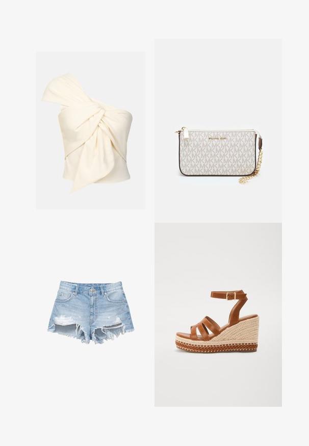 En axelbandslös krämfärgad topp i slät tyg, med en stor vriden knutdetalj framtill och en snug passform.; Ljust blå denimshorts med slitna detaljer, fransade fållar och fem fickor. Har en knappstängning och bältesöglor.; Bruna lädersandaletter med kilklack har en vävd jutesula, öppen tådesign med tre remmar och en spänne vid vristen för en säker passform.; Michael Kors handledos i beige belagd kanvas med ett upprepande MK-logomönster, gyllene detaljer och ett avtagbart kedjehandtag.