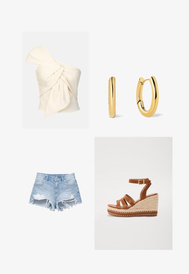 Haut crème à une épaule en tissu lisse, avec un grand détail de nœud torsadé à l'avant et une coupe près du corps.; Shorts en denim bleu clair avec des détails effilochés, des ourlets effilochés et cinq poches. Caractéristiques : fermeture à bouton et passants de ceinture.; Des sandales compensées en cuir marron présentent une semelle en jute tressé, un design ouvert à l'avant avec trois lanières, et une sangle à boucle à la cheville pour un maintien sécurisé.; Boucles d'oreilles en or en forme de créole avec une surface lisse et polie, dotées d'une fermeture à charnière et d'un design arrondi et allongé.
