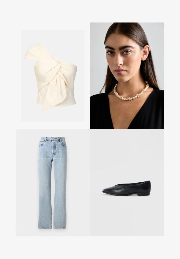 Vaatteet pehmeästä kankaasta valmistettu olkaimeton kerma-toppi, jossa on suuri kiertyneen solmun yksityiskohta edessä ja tiukka istuvuus.; Vaaleansiniset farkut, joissa on korkea vyötärö, suorat lahkeet, klassinen viiden taskun muotoilu ja hienovarainen haalistuminen kauttaaltaan.; Mustas nahast lame king, millel on terav varvas, veidi tõstetud konts ja sile pind. Lihtne disain, ilma nähtava riistvarata või mustriteta.; Helmi- ja kristallikaulaketju, jossa on pyöreä, helmimäinen muotoilu vaaleissa sävyissä, vaihteleva helmien ja kimallusten väli, joka on sidottu kaulan ympärille.