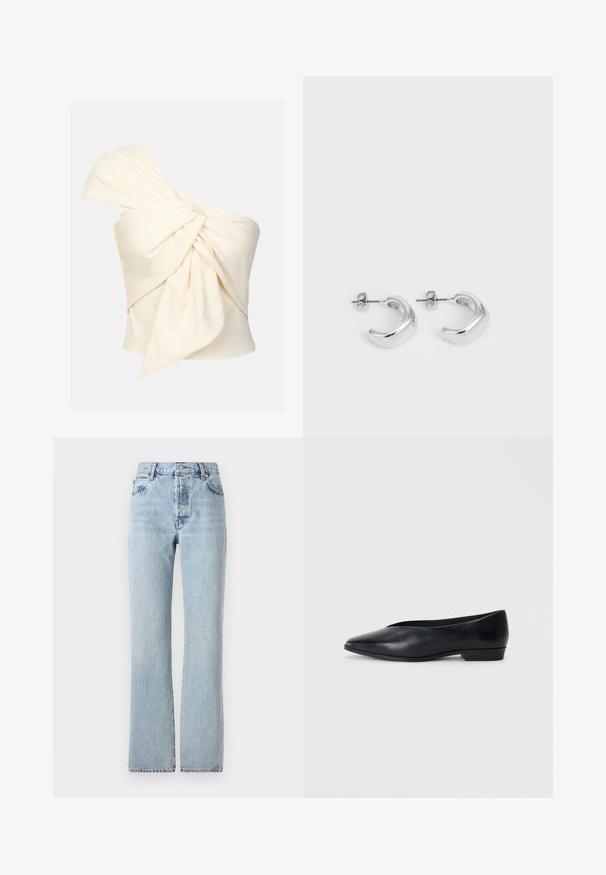 Top v kremni barvi z enim ramenom, izdelan iz gladkega materiala, ki ima velik zasukani vozel spredaj in tesno prileganje.; Svetlo modri jeans z visokim pasom, ravnimi hlačnicami, klasičnim pet-pocket dizajnom in subtilnim zbledelostjo po celem.; Črne usnjene balerinke s špičastim nosom, rahlo dvignjenim peto in gladko površino. Preprost dizajn brez vidnih dodatkov ali vzorcev.; Srebrni uhani v obliki obroča z gladko, polirano površino. Okrogla oblika s nekoliko ukrivljenim dizajnom in spojem robov. Zaponka za zaklepanje.