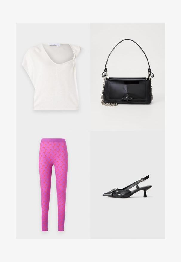 Šviesiai pilkas trumpas rankovės viršus su švelniai krentanti struktūra ir apvaliu kaklu, pasižymintis tekstūruotu, audiniu, kuris suteikia papildomą dimensiją.; MARINE SERRE MOON - Tamprės – kelnės - violet; Juodas odinis slingback tipo batai su smailiu priekiniu atvartu, dekoratyvinėmis sagtimis su metaliniais akyčiais ir žemu blokiniu kulnu. Saldus paviršius.; Juodas lakinės odos rankinės ilgis stačiakampis, su grandinėlės dirželiu ir išskirtiniu metaliniu akcentu centre. Lygus paviršius.