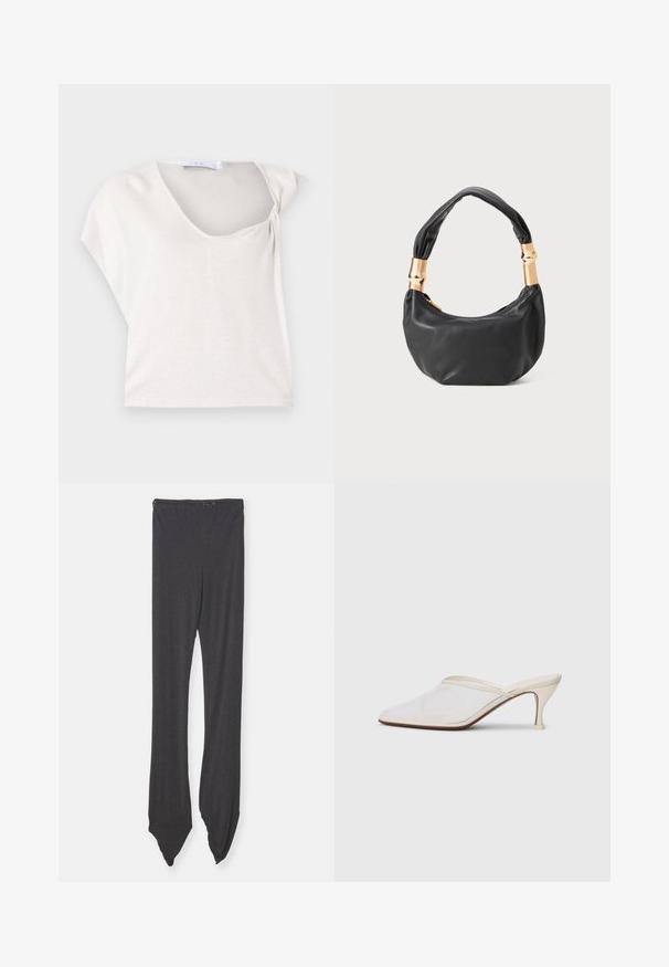 Light gray short-sleeve top with a gently draped design and a scoop neckline, featuring a textured, woven fabric for added dimension.; Dark gray leggings made of soft fabric, featuring a wide waistband and tapered ends that are pointed. Design is smooth without patterns.; White mesh pointed-toe mule with a slim mid-height heel and slip-on design against a plain background.; Black leather handbag with a round shape, soft texture, and a knotted handle featuring gold-tone hardware accents. Zipper closure.