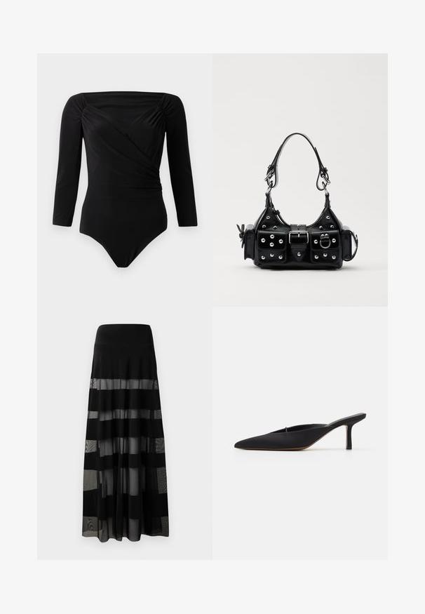 Juodas ilgomis rankovėmis bodis, su apvyniota dizainu, susiraukšlėjimo akcentais ant pečių, glotnia tekstūra ir giliu iškirpimu.; Juoda maksimalizmo sijonas su prigludusia juosmena, turintis permatomų panelių ir nepermatomų juostelių. Lengva medžiaga su sklandžiu paviršiumi.; Juodos smailianosios mule tipo basutės su elegantišku dizainu, pagamintos iš lygaus audinio, su lieknu kulnu ir atvira nugara patogiam užsidėjimui.; Juodas odinis rankinukas su kreiviu dizainu, su sidabro spalvos knopkėmis, užsegimu ir dviem šoninėmis kišenėmis. Reguliuojama dirželis nešimui.