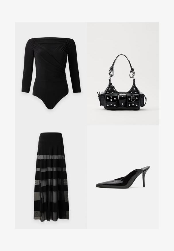 Crni bodi s dugim rukavima, s dizajnom na preklop, naboranim detaljima na ramenima, glatkom teksturom i dubokim dekolteom.; Crna maxi suknja s uskim pojasom, koja ima prozirne panele i neprozirne pruge. Lagani materijal s glatkom teksturom.; Crne lakirane kožne visoke potpetice mule s šiljastim prstom i elegantnom siluetom, s otvorenom poleđinom i vitkom stiletto potpeticom.; Crna kožna torba s zakrivljenim dizajnom, koja sadrži srebrne zakovice, kopču i dva bočna džepa. Podesiva traka za različite opcije nošenja.