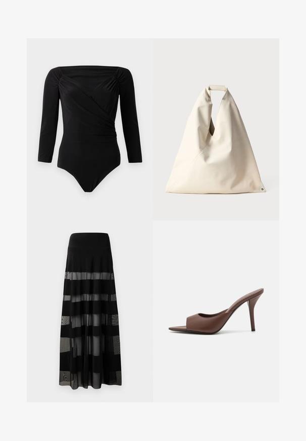 Black long-sleeve bodysuit, with a wrap design, gathered accents at shoulders, smooth texture, and deep neckline.; Black maxi skirt with a fitted waistband, featuring sheer panels and opaque stripes. Lightweight fabric with a smooth texture.; Brown leather open-toe high-heeled mules with a sleek design, featuring a wide front strap and a slender stiletto heel.; Beige, soft-textured bag with a unique twisted handle and diagonal seam detail. Minimalist design with a round accent at the base.