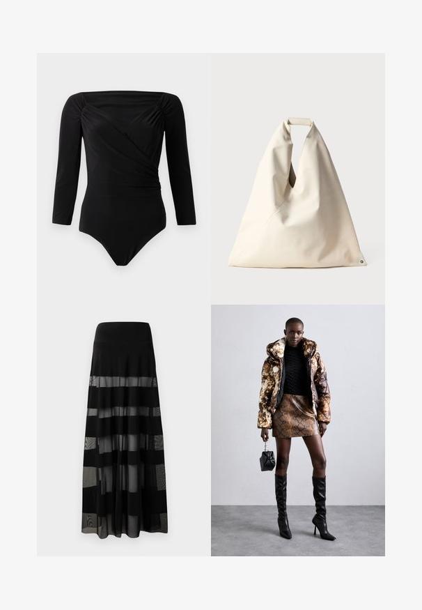 Must mustriga mustööpäraga must bodysuit, millel on keerutusdisain, r gathered accents õlgadel, sile tekstuur ja sügav dekoltee.; Mustmust pikk seelik, millel on istuv vöökoht, läbipaistvate paneelide ja opaksete triipudega. Kerge kangas sileda tekstuuriga.; Põuejope pruuni ja musta mustriga, kokku sobitatud pruuni madu nahast mini-seelikuga, mustade reie kõrguste saapadega ja väikese musta kotiga.; Beige, pehmea tekstuuriga kott, millel on ainulaadne keeratud käepide ja diagonaalsed õmblused. Minimalistlik disain ümmarguse aksessuaari ehk detailiga põhjas.