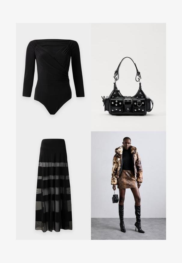 Must mustriga mustööpäraga must bodysuit, millel on keerutusdisain, r gathered accents õlgadel, sile tekstuur ja sügav dekoltee.; Mustmust pikk seelik, millel on istuv vöökoht, läbipaistvate paneelide ja opaksete triipudega. Kerge kangas sileda tekstuuriga.; Põuejope pruuni ja musta mustriga, kokku sobitatud pruuni madu nahast mini-seelikuga, mustade reie kõrguste saapadega ja väikese musta kotiga.; Must värvi nahast käekott, millel on kaarjas disain, hõbedased nupukesed, kinnitusahe ja kaks külgtaskut. Reguleeritav rihm erinevate kandmisvõimaluste jaoks.
