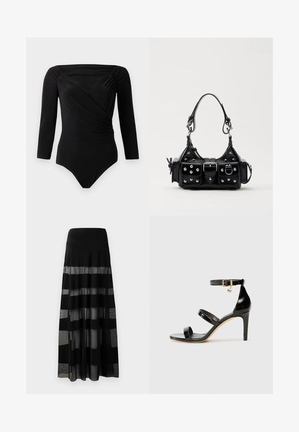 Černý body s dlouhým rukávem, s překládaným designem, na ramenou s nařasenými detaily, hladkou texturou a hlubokým výstřihem.; Černá maxi sukně s přiléhavým pasem, která má průhledné panely a neprůhledné pruhy. Lehce vážící tkanina s hladkou texturou.; Černé lakované kožené sandály se třemi pásky, sponou na kotníku a 10 cm jehlovým podpatkem. Obsahují zlaté kovové detaily a logo přívěsek.; Černá kožená kabelka s křivkovým designem, zdobená stříbrnými hřebíky, s přezkou a dvěma bočními kapsami. Nastavitelný popruh pro různé možnosti nošení.