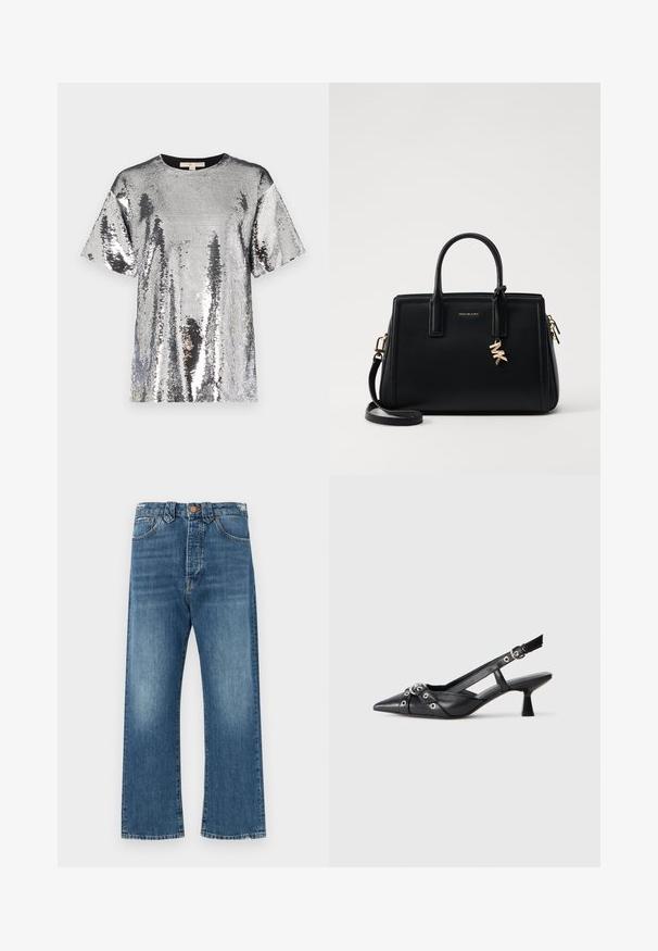 Top prateado de lantejoulas com decote redondo preto, mangas curtas e um corte solto, apresentando uma superfície brilhante e texturizada.; Jeans de ganga azul claro com cintura alta, corte reto e desvanecimento subtil. Apresenta costura clássica e fecho com botão na frente.; Sapato slingback em couro preto com biqueira fina, tiras decorativas com ilhós de metal e um pequeno salto quadrado. Superfície texturizada.; Malinha de couro preta com design estruturado, duas alças superiores, alça de ombro destacável, ferragens douradas e um charme com logótipo como destaque.