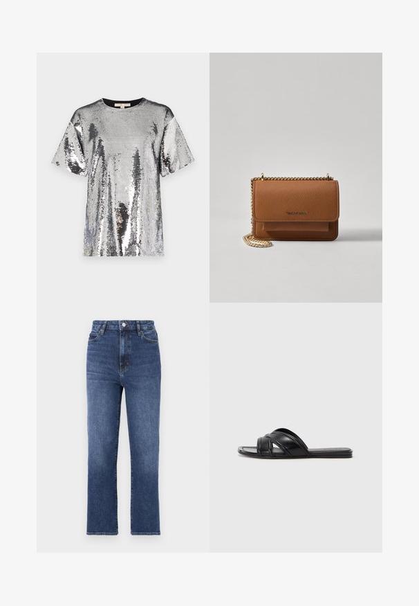 Sølvfarvet paliet-top med rund sort halsudskæring, korte ærmer og en løs pasform, der har en skinnende, struktureret overflade.; Blå lige jeans lavet af denim, med høj talje, fem lomme-design og en metalknaplukning i taljen.; Sorte slide sandaler med en glat læderfinish, der har krydsende remme og udskæringsdetaljer, samt en flad, fleksibel sål.; Brun tekstureret læder crossover-taske med guldkæde-rem og klaplukning. Forsiden har logo-detalje og en lomme under klappen.