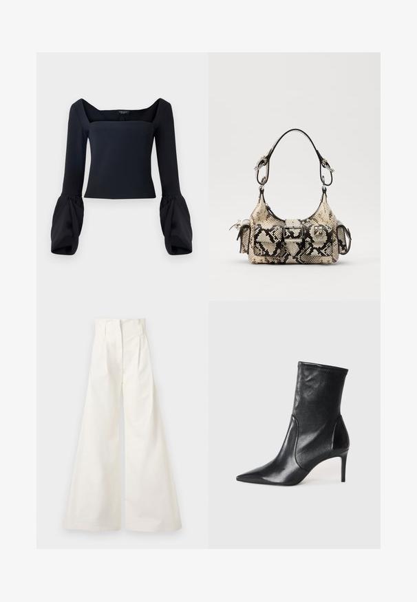 Zwarte top met lange mouwen en een vierkante halslijn, met volumineuze manchet mouwen en een fitted lijfje gemaakt van een gladde stof.; Witte wijde broek van katoen, met een hoge taille, plooien aan de voorkant en een strak design zonder zakken.; Zwarte enkelboots van soepel leer, met een spitse neus, een aangesloten schacht en een slanke hoge hak. Minimalistisch ontwerp zonder zichtbare hardware.; Python-print handtas in beige en zwart, met een gestructureerde vorm, gespdetail en dubbele schouderbanden. Gestructureerd oppervlak.