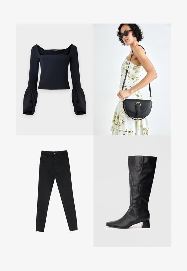 Musta pitkähihaine paita, jossa on neliön muotoinen kaula-aukko, tilavat resorihihansuut ja istuva yläosa, joka on valmistettu sileästä kankaasta.; Musta kapea farkkuhousu, jossa on korkea vyötärö, viisi taskua ja raaka helma nilkoissa. Klassinen napin ja vetoketjun sulkeminen.; Musta nahkainen keskipitkä saapas, jossa on terävä kärki ja pömpöti korko vaalealla taustalla.; Musta nahkainen käsilaukku, joka on kaareva muotoilultaan, irrotettavalla hihnalla ja kultaisilla yksityiskohdilla. Laukussa on läppä, jossa on solk yksityiskohta.