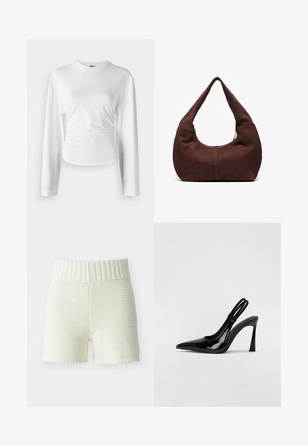 White long-sleeve shirt made of soft fabric. Features a fitted design with gathered detailing at the waist and a round neckline.; Knit shorts in off-white with a ribbed waistband, featuring a texture contrast between the top and bottom sections, hemmed edges.; Black patent leather slingback pump with pointed toe, slender high heel, and dual elastic strap for secure fit. Smooth, shiny surface.; Brown suede hobo bag with a curved, wide handle and a large opening. Soft texture with visible stitching detailing along the edges.