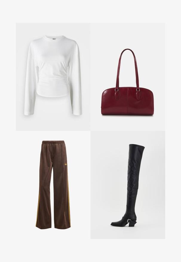 Valge pikakäteline särk, mis on tehtud pehmest kangast. Omab figuuri järgivat disaini, millel on kogutud detailid taljes ja ümmargune kaelus.; Pruunid sportlikud püksid, milles on kaunis lõtvu istuvust, ja kollased külje triibud ning elastne vöökoht. Valmistatud sujuvast ja kergest materjalist.; Mustad nahast üle põlve saapad ruudukujulise varbaga, plokkkontsaga ja külgriiuliga. Sile tekstuur ja sobiv siluett.; Zign LEATHER - Käekott - dark red