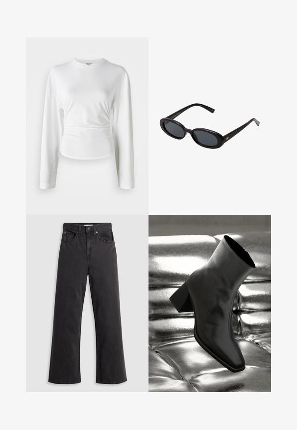 Bijela majica dugih rukava od mekog materijala. Ima prilagođeni kroj s nabranim detaljima na struku i okruglim izrezom.; Crne traperice širokih nogavica s visokim strukom, pet džepova i metalnim kopčanjem. Tkanina ima glatku, blago izbjeljenu teksturu.; Crni gležnjača napravljena od sjajnog materijala sa četvrtastim vrhom i suženom petom, postavljena protiv srebrne sjajne pozadine sa nabranim uzorkom.; Crne velike sunčane naočale s ovalnim staklima, glatkim plastičnim okvirom i zlatnim detaljima na sljepočnicama. Tamna stakla pružaju zaštitu od sunca.; Carlheim ADALINE - Ručna torba - brown