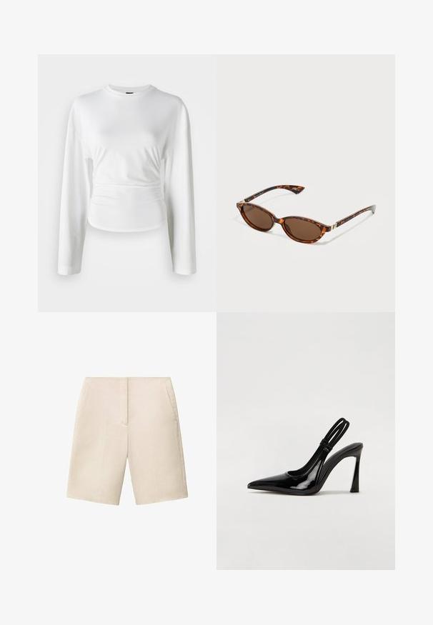 Witte lange mouwen shirt gemaakt van zachte stof. Kenmerkt zich door een getailleerd ontwerp met geplooid detail bij de taille en een ronde halslijn.; Beige linnen shorts met een rechte voorkant, twee zijzakken en een knielange snit, met een gladde textuur en een op maat gemaakte uitstraling.; Zwarte gepatineerde leren slingback pump met puntige neus, slanke hoge hak en dubbele elastische band voor een veilige pasvorm. Gladde, glanzende oppervlakte.; Tortoishell zonnebril met ovale lenzen, bruin getint glas, slanke armen en accenten van goudkleurig metaal bij de scharnieren.; Zwarte leren tas met een gestructureerd oppervlak, dubbele handgrepen aan de bovenkant en een afneembare schouderriem; voorzien van een ritsluiting en verticale naaddetails.
