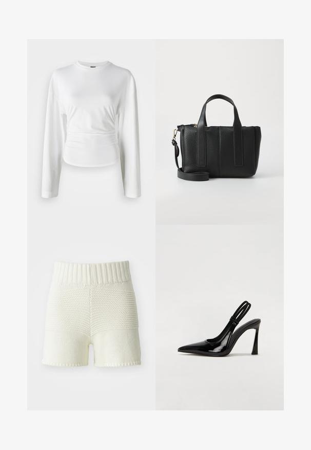 Balta ilgomis rankovėmis marškiniai, pagaminti iš minkštos medžiagos. Pasižymi prigludusia išvaizda su surinktomis detalėmis liemenyje ir apvaliu iškirpimu.; Megzti šortai balta kreminiu atspalviu su briaunotu juosmeniu, kuriuose yra tekstūros kontrastas tarp viršutinės ir apatinės dalių, o pašonėse yra apdirbti kraštai.; Juodas patentuotas odinis slingback aukštiems kulniukams su smailia nosimi, liekniu aukštu kulnu ir dviguba elastinga juosta, užtikrinančia tvirtą prigludimą. Lygus, blizgus paviršius.; Juodas odinis krepšys su tekstūruotu paviršiumi, dvigubomis viršutinėmis rankenomis ir nuimamu peties diržu; turi užtrauktuko uždarymą ir vertikalių siūlių detales.
