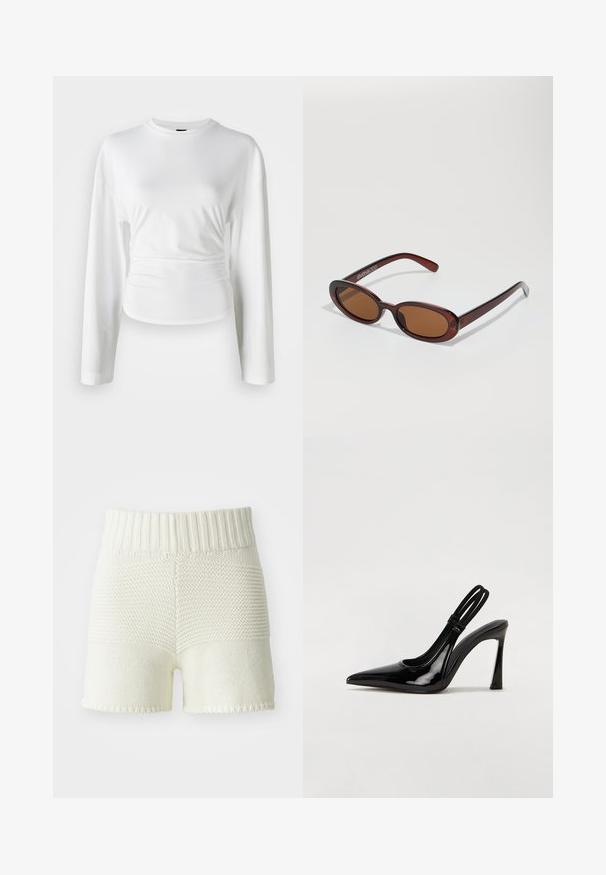 Vit långärmad skjorta i mjukt tyg. Har en figurnära design med gathered detaljer vid midjan och rund halsringning.; Stickade shorts i off-white med en ribbad midja, som har en texturkontrast mellan över- och underdelen samt fållade kanter.; Svart lackläder slingback-pump med spetsig tå, smal hög klack och dubbel elastisk rem för en säker passform. Slät, glänsande yta.; Runda, bruntonade solglasögon med en glansig bordeauxfärgad ram. Smala bågar med subtilt varumärkesdetalj. Platt linsdesign.; Brun vävd läderhandväska med en slapp, triangulär form. Har ett flätat handtag och en dragkedjestängning längs toppen.