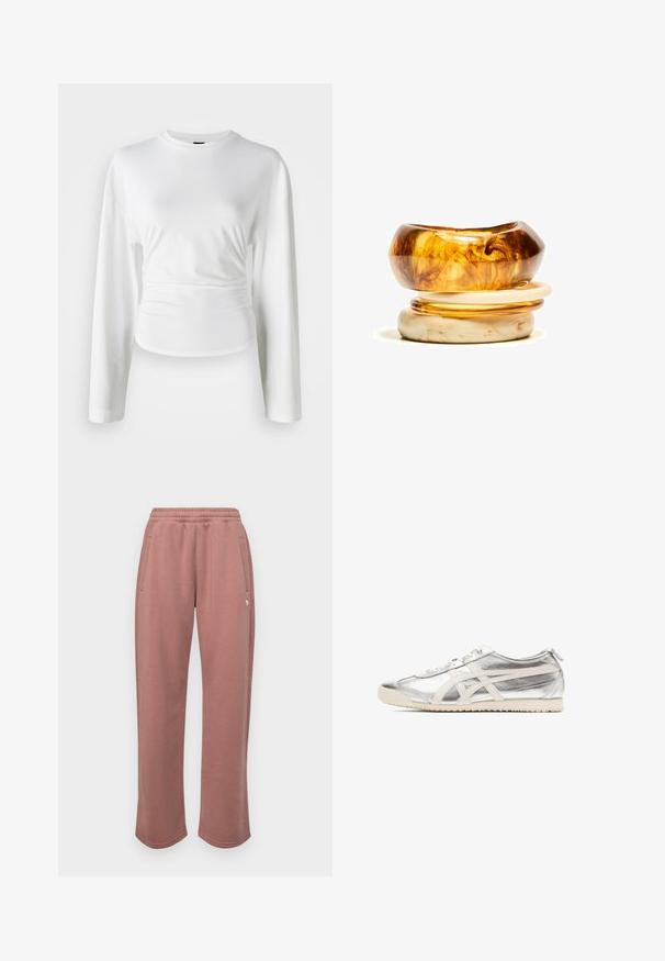 White long-sleeve shirt made of soft fabric. Features a fitted design with gathered detailing at the waist and a round neckline.; Abercrombie & Fitch ICON RELAXED - Tracksuit bottoms - burlwood; Silver athletic shoe with shiny metallic upper, light beige accents, flat laces, and textured sole. Classic design with streamlined shape.; A stack of two rings; the top is amber with swirls, and the bottom is light beige; both are smooth and glossy resin.