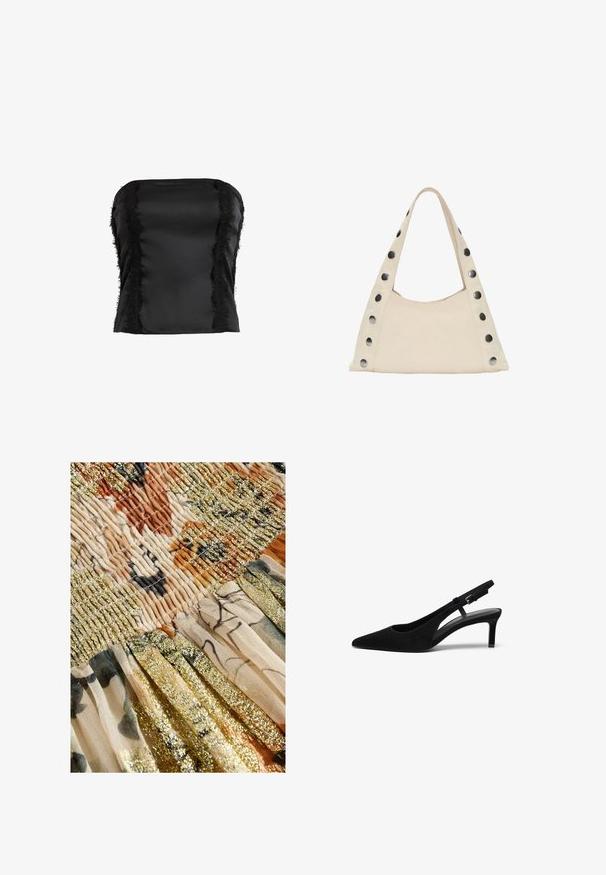 AllSaints MORGAN - Top - black; Next REGULAR FIT - DROP WAIST - Maxirock - cream sparkle; Schwarzer Wildlederslingback-Schuh mit spitzem Zehenbereich, niedrigem Absatz, offenen Seiten und verstellbarem Riemen mit einer Metallschnalle. Glatte Textur.; PULL&BEAR SHOULDER - Shopping Bag - beige