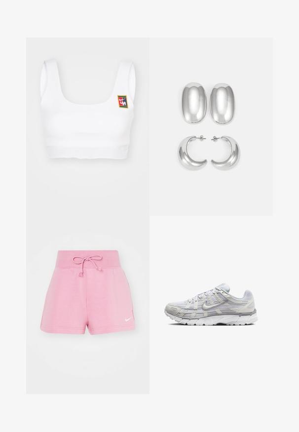 Nike Sportswear YOON - Top - white; Ružové bavlnené šortky s elastickým pásom a šnúrkou. Obsahujú bočné vrecká a malú bielu nálepku Nike na nohe.; Svetlo šedé športové topánky s vrchom z ďalekého a syntetického materiálu, so šnurovacím uzáverom, polstrovaným golierom a štruktúrovanou podrážkou pre lepšiu priľnavosť.; Súprava strieborných náušníc: dva oválne pecky a dva polkruhové kruhy, s lesklým, hladkým povrchom a zaobleným tvarom.