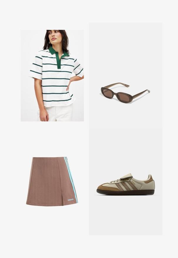 Bela polo majica z zelenimi in temno modrimi horizontalnimi črtami, kratkimi rokavi in zelenim ovratnikom. Mehka bombažna tkanina z sproščenim krojem.; Rjava plisirana kratica s plavimi stranskimi črtami in logotipom. Ima čist dizajn, subtilno teksturo in ravno obrobo.; Brah in krem športni čevelj s tremi bež črtami, iz semiša in usnja, zasnova z vezalkami in gumijastim podplatom. Logotip z besedilom na strani.; Rjave ovalne sončne naočare s temnimi lečami. Obloge so narejene iz prozorne rjave materiale in imajo na templjih natisnjeno logo.