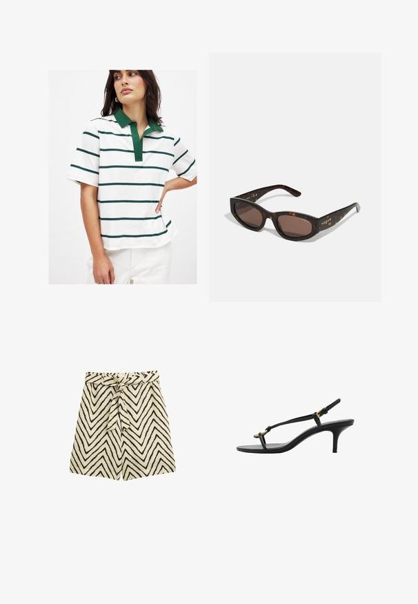 Hvid polo-shirt med grønne og marineblå vandrette striber, korte ærmer og grøn krave. Blødt bomuldsstof med løs pasform.; Lettere shorts i en beige stof med sorte zigzag-mønstre. Har et bindebånd i taljen og en afslappet pasform.; Sort læder kitten hæl sandal med tynde stropper, guldspænde og minimalistisk tå løkke på en hvid baggrund.; Brune skildpaddemønstrede solbriller med rektangulær form, mørkebrune linser og guld "vogue" branding på stængerne.; Vævet brun lædertaske med rund form, dobbelt top håndtag og glat tekstur; har diskret syning som designdetalje.; Klare og ravfarvede harpiksringe, én glat og gennemsigtig, den anden med en tekstureret, ravfinish. Begge har afrundede, kraftige designs.