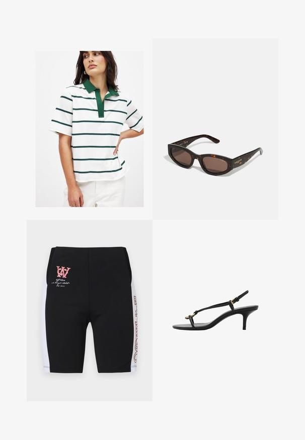 Valkoinen polo-paita, jossa on vihreitä ja laivastonsinisiä vaakaraitoja, lyhyet hihat ja vihreä kaulus. Pehmeää puuvillamateriaalia, jossa on rento istuvuus.; Musta urheilushortsit, joissa on valkoiset sivupaneelit, edessä vaaleanpunainen logo ja teksti. Valmistettu joustavasta materiaalista, suunniteltu mukavuutta varten.; Mustat nahkakengät, joissa on kissankorko, ohuet hihnat, kultainen solki ja minimalistinen varvaslenkki valkoisella taustalla.; Ruske torbice u obliku pravokutnika sa tamnosmešnim sočivima i zlatnim "vogue" brendiranjem na sljepočnicama.; Kudotusta ruskeasta nahasta valmistettu käsilaukku, jossa on pyöreä muoto, kaksinkertaiset yläkahvat ja sileä pinta; sisältää hienovaraisia ompelukuvioita suunnittelun yksityiskohtana.; Selkeä ja meripihkaiset hartsi-renkaat, yksi sileä ja läpinäkyvä, toinen teksturoitu, meripihkan värinen. Molemmat esittelevät pyöristettyjä, massiivisia muotoja.