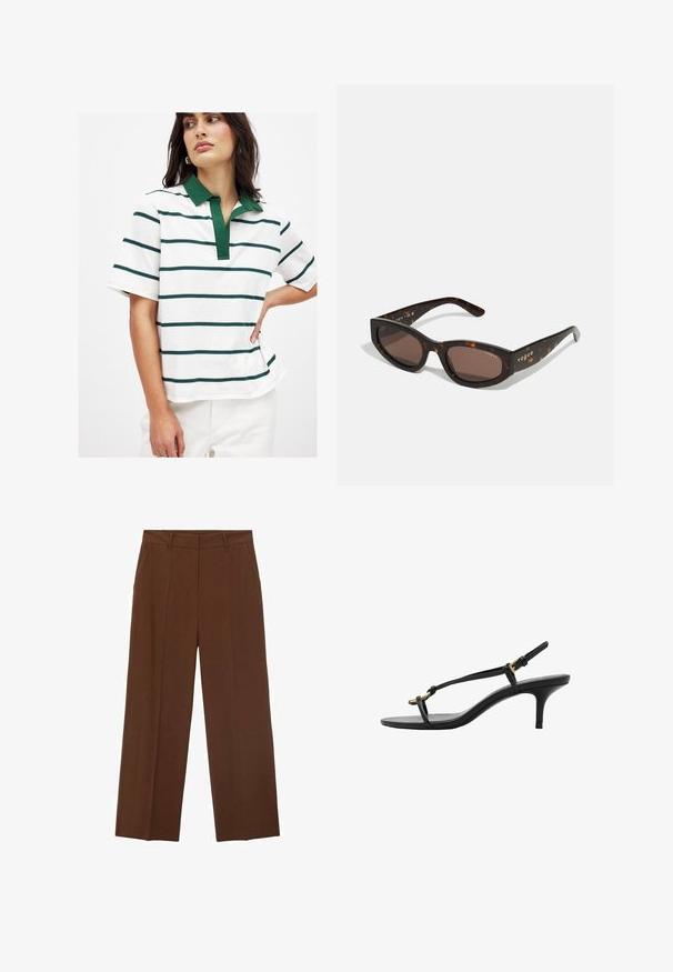 White polo shirt with green and navy horizontal stripes, short sleeves, and a green collar. Soft cotton material with a relaxed fit.; Brown wide-leg trousers made of smooth fabric with a high waist, featuring front pockets and a neat crease down the front.; Black leather kitten heel sandal with thin straps, gold buckle, and minimalist toe loop on a white background.; Brown tortoiseshell sunglasses with a rectangular shape, dark brown lenses, and gold "vogue" branding on the temples.; Woven brown leather handbag with rounded shape, dual top handles, and smooth texture; features subtle stitching for design detail.; Clear and amber resin rings, one smooth and transparent, the other with a textured, amber finish. Both feature rounded, chunky designs.