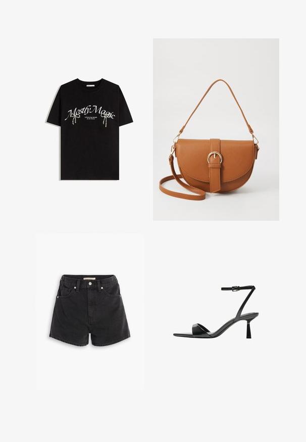 Fekete pamut póló, melyen fehér "Mostly Magic" felirat látható, valamint díszes gyöngy részletekkel van díszítve. Rövid ujjak, laza fit, kerek nyakú.; Fekete farmer rövidnadrág magas derékkal, elülső és hátsó zsebekkel, valamint ezüst színű kiegészítőkkel. Simább, enyhén elhalványult textúra.; Bershka Magas sarkú szandálok - black; Barna bőr keresztbody táska ívelt formával, aranyszínű fémrészekkel és csat díszítéssel. Levehető vállpánttal rendelkezik.