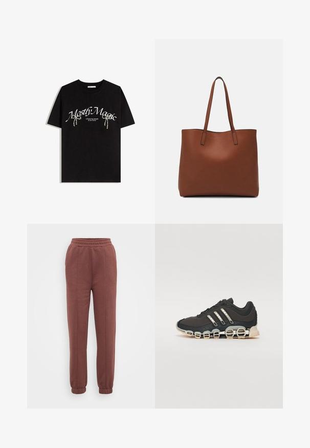 Black cotton t-shirt featuring "Mostly Magic" text in white, adorned with decorative pearl accents. Short sleeves, relaxed fit, crew neck.; Brown jogger pants with an elastic waistband, ribbed cuffs, smooth texture, and front seam detailing. Suitable for casual wear.; Black athletic shoe with a textured upper, three silver stripes, and a distinctive cushioning sole featuring multiple integrated sections.; Brown leather tote bag with a smooth texture, open top design, and two shoulder straps. Features minimal stitching and no visible hardware.