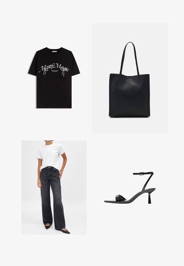 T-shirt nera in cotone con la scritta "Mostly Magic" in bianco, decorata con perle. Maniche corte, vestibilità rilassata, collo a giro.; Jeans neri a gamba larga con vita alta, cinque tasche e leggere sfumature. Abbinati a una t-shirt bianca semplice e ballerine nere a punta.; Bershka Sandali con tacco - black; Borsa tote in pelle nera con texture liscia, forma rettangolare e due manici lunghi. Nessun hardware o decorazione visibile.