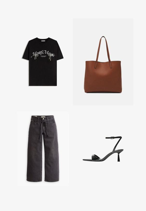 Crna pamučna majica s natpisom "Većinom Magično" u bijeloj boji, ukrašena dekorativnim bisernim akcentima. Kratki rukavi, ležeran kroj, okrugli izrez.; Crne široke traperice izrađene od denima, s elastičnim pojasom na vezanje, pet džepova i detaljima kontrastnog šivanja. Dizajn s ravnim prednjim dijelom.; Bershka Sandale s visokom petom - black; Smeđa kožna torba preko ramena s glatkom teksturom, otvorenim vrhom i dvjema naramenicama. Ima minimalne šavove i nema vidljivog hardvera.