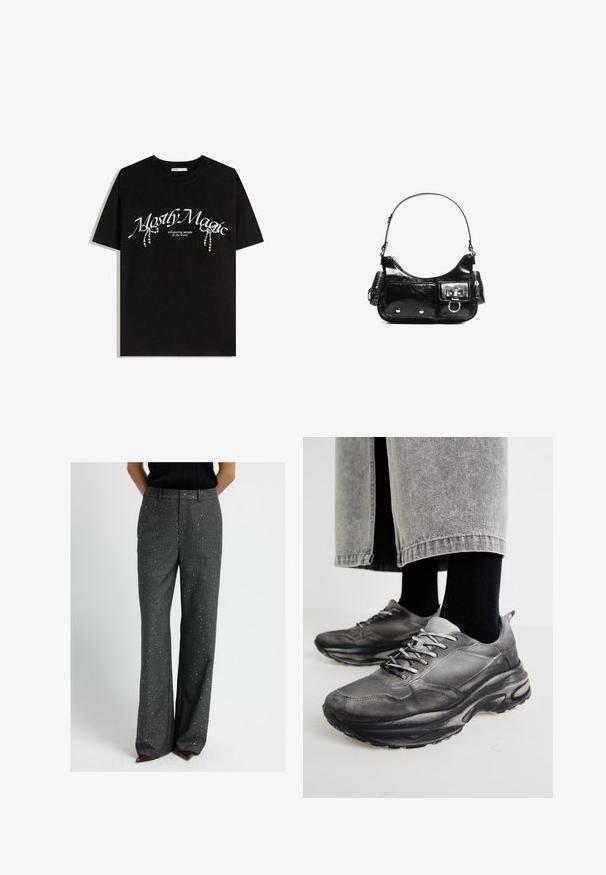 Black cotton t-shirt featuring "Mostly Magic" text in white, adorned with decorative pearl accents. Short sleeves, relaxed fit, crew neck.; Woman wearing high-waist wide-leg dark gray pants with small sparkles, paired with a black top and pointed burgundy shoes.; Black and gray athletic shoes feature a mesh upper, thick soles, and laces. They have a rounded toe and visible cushioning detail.; Black patent leather handbag with a curved shape, one shoulder strap, front pockets, and silver-tone hardware accents.