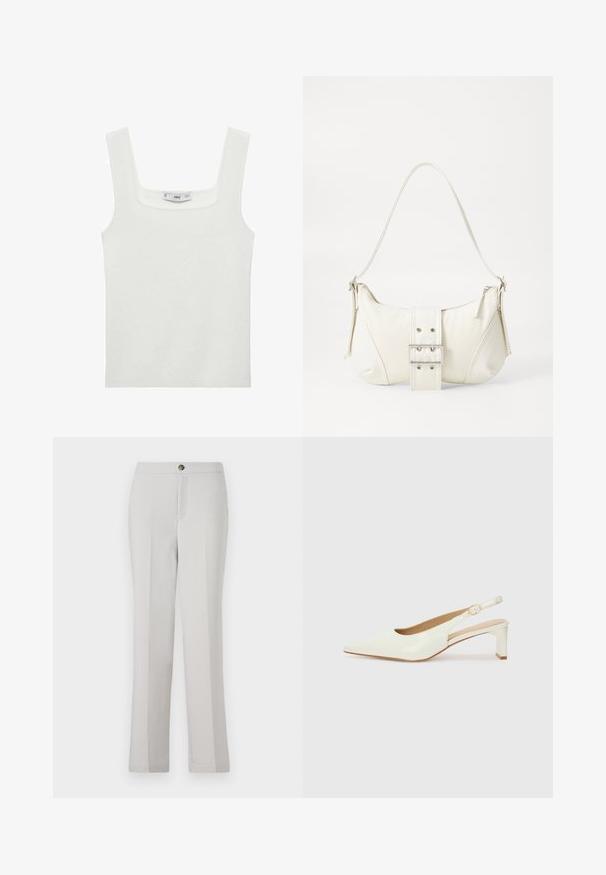 White, ribbed tank top with a square neckline and wide straps, made from a soft, stretchy fabric. Tag visible inside.; Light grey straight-leg trousers made of smooth fabric, featuring a front button closure, side pockets, and a tailored fit.; White patent leather slingback shoe with a pointed toe and a low block heel. Features a subtle strap with a gold-tone buckle detail.; White shoulder bag with a textured finish, a central buckle accent, and a curved shape. Zipper closures on both sides.