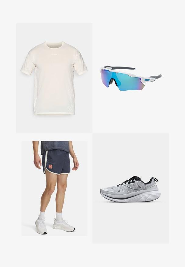 Beež Salomoni lühikeste käistega spordit-särk ümmarguse kaelusega ja õrnade valgete graafiliste joontega külgedel.; Tumed sportlikud lühikesed püksid valgete äärtega ja Under Armour'i logoga. Kerge kangas koos tekstuuriga pinnaga, loodud mugavuseks füüsilise tegevuse ajal.; Kergedest jooksujalatsid hallist võrkkangast, millel on pehme krae, mustad detailid ja paks valge vaheosa koos tekstuuriga kummitaldiga.; Valged raamidega päikeseprillid, hallide aktsentidega ja siniste peegelprillidega. Sportlik disain, ümber keha kujundus ja reguleeritavad ninasillad.