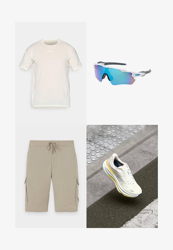 Bežs Salomon īsām piedurknēm sporta T-krekls ar apaļu kaklu un smalkām baltām grafiskām līnijām sānos.; Beige kravas šorti ar elastīgu jostasvietu un auklu. Iekļauj sānu kabatas un gludu, vieglu audumu.; Baltas un dzeltens HOKA sports apavs karājas virs teksturēta trotuāra un ceļa malas netālu no gājēju pārejas.; Saulesbrilles ar baltu rāmi, pelēkiem akcentiem un ziliem spoguļobjektīviem. Sportisks dizains, apņemjoša forma un regulējami deguna spilventiņi.