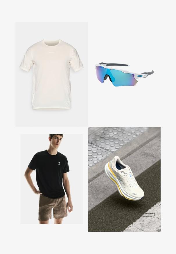T-shirt de sport beige à manches courtes Salomon avec col rond et lignes graphiques blanches discrètes sur les côtés.; On PERFORMANCE AOP - Short de sport - cinder; Baskets HOKA blanches et jaunes flottant au-dessus d'un trottoir texturé et d'un bord de route près d'un passage piéton.; Lunettes de soleil avec une monture blanche, des accents gris et des verres miroitants bleus. Design sportif, forme enveloppante et plaquettes de nez réglables.
