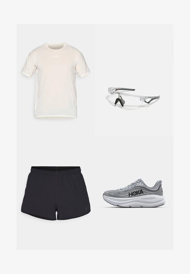 Beige Salomon lyhythihainen urheilupaita, jossa on pyöreä kaula-aukko ja hillityt valkoiset graafiset viivat sivuilla.; Mustat urheilushortsit, jotka on valmistettu teksturoidusta materiaalista ja joissa on joustava vyötärö, jossa on huomaamaton logo alhaalla edessä.; Harmaa urheilukenkä, jossa on verkkomateriaali, HOKA-brändäys, pehmeä välipohja ja kumipohja. Ominaisuuksia ovat kaareva muotoilu ja teksturoitu yksityiskohtia.; Läpinäkyvät turvalasit, joissa on kevyt, läpinäkyvä kehys ja harmaat yksityiskohdat. Varustettu ympäröivällä muotoilulla ja säädettävällä nenätyynyllä.