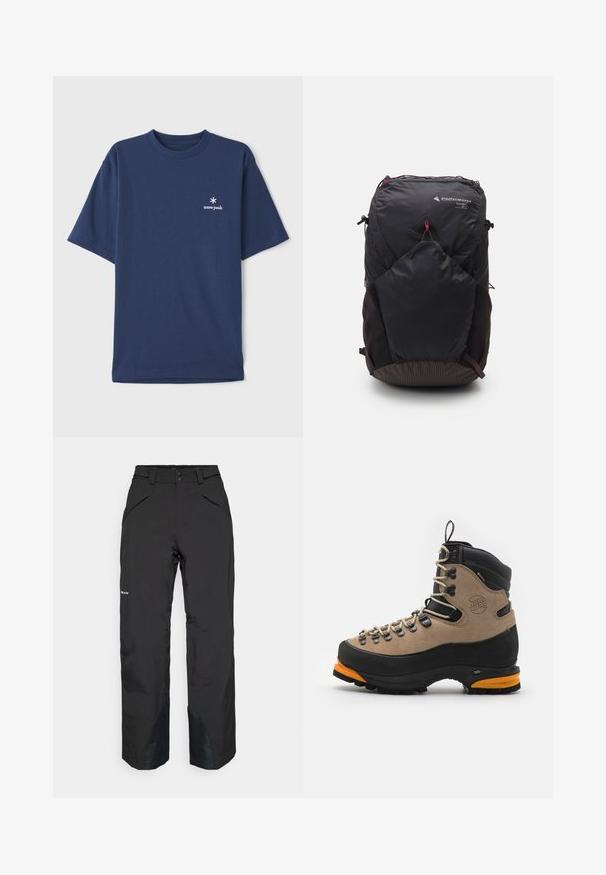 Navy blue cotton t-shirt with a crew neck, short sleeves, and a small white "snow peak" logo on the left chest area.; Black waterproof pants with a straight cut, featuring zipped pockets, reinforced hem accents, and a smooth textured finish.; Brown suede and black leather hiking boot with orange accents, metal eyelets, and thick rubber sole. Features a reinforced toe and high ankle support.; Black backpack with a triangular logo, 26L capacity, zip closure, textured lower panel, and contrasting red accents for added detail.